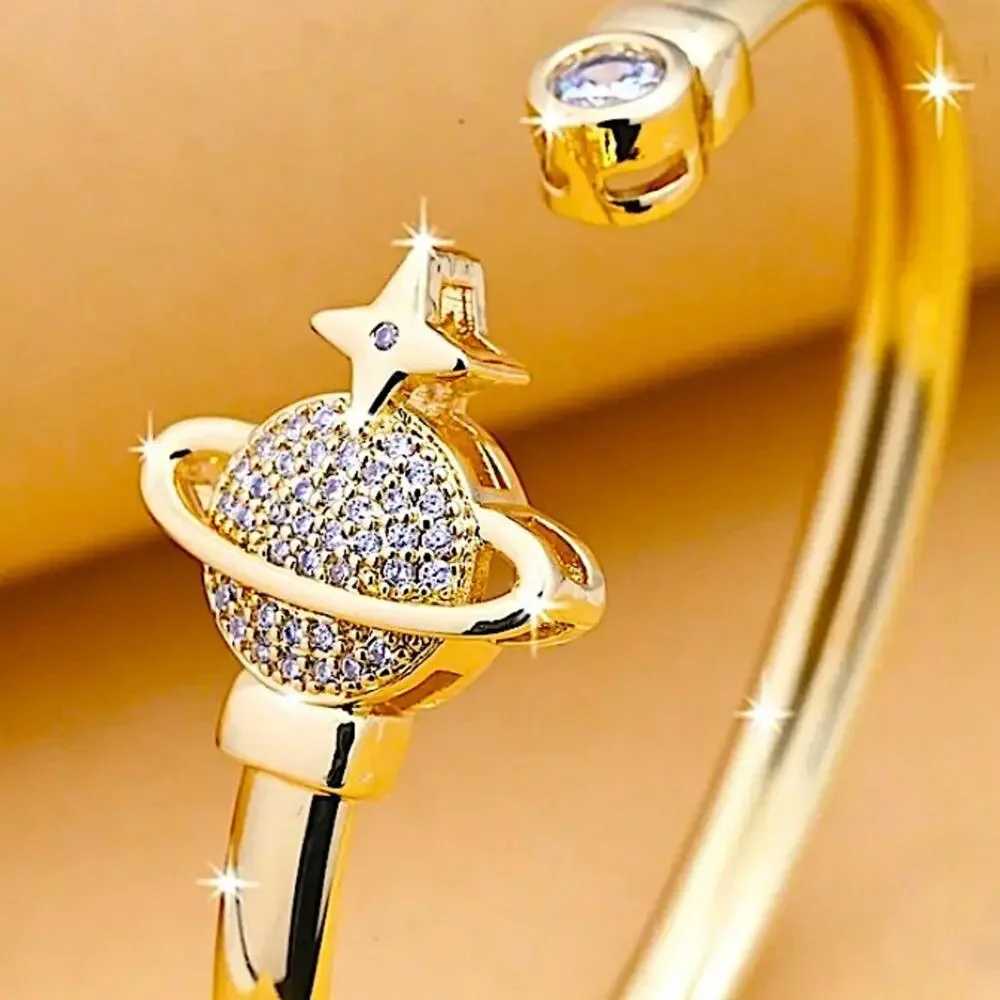 Gold Zircon Planet Bangle Bracelet